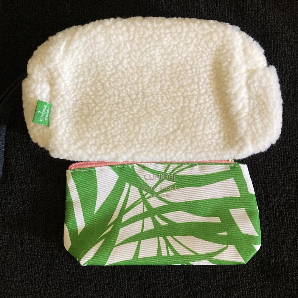 Kate Spade White Sherpa Cosmetic Bag and Clinique Green/White Bag